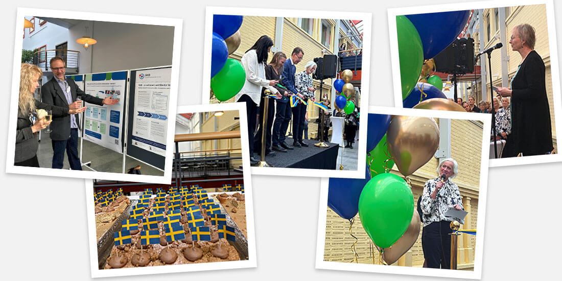 Collage with photographs from the inauguration of Hälsovetenskapligt centrum.